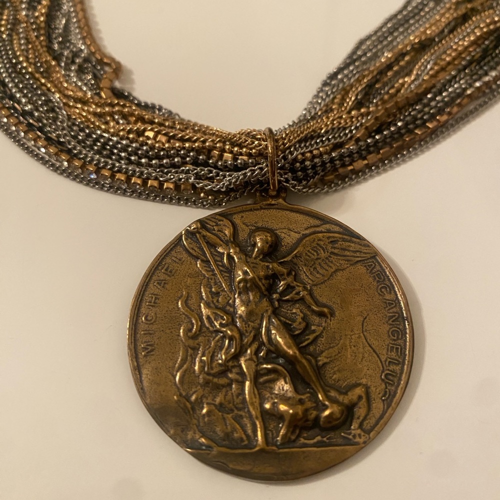 American Vintage Gold and Silver Multi-Strand St. Michael Archangel Necklace